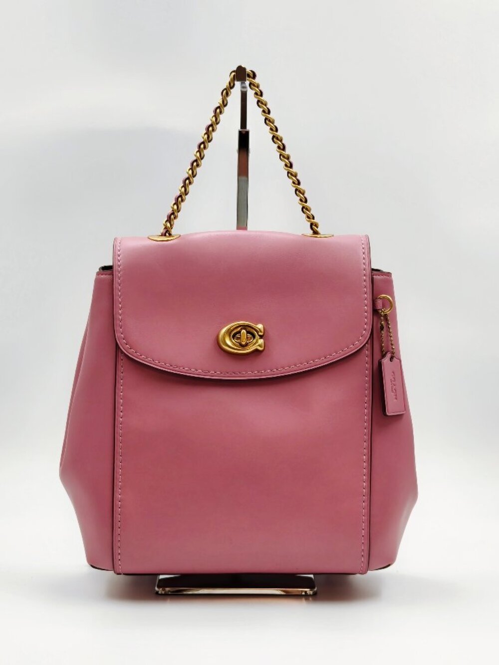 Coach Turnlock Leather Backpack Pink Gold Chain Mini Backpack